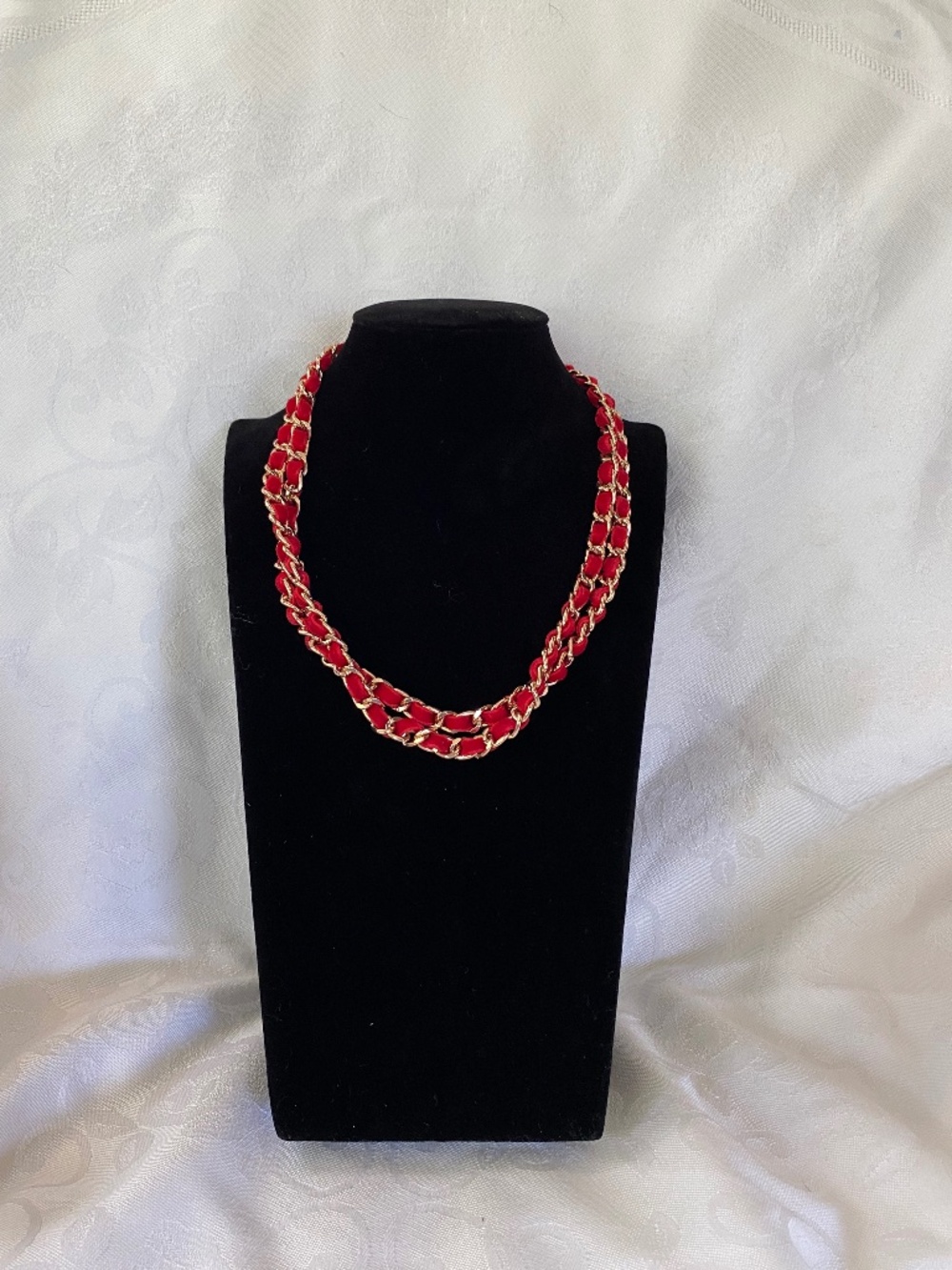 GUESS Red Velvet Woven Gold Tone Statement Necklace